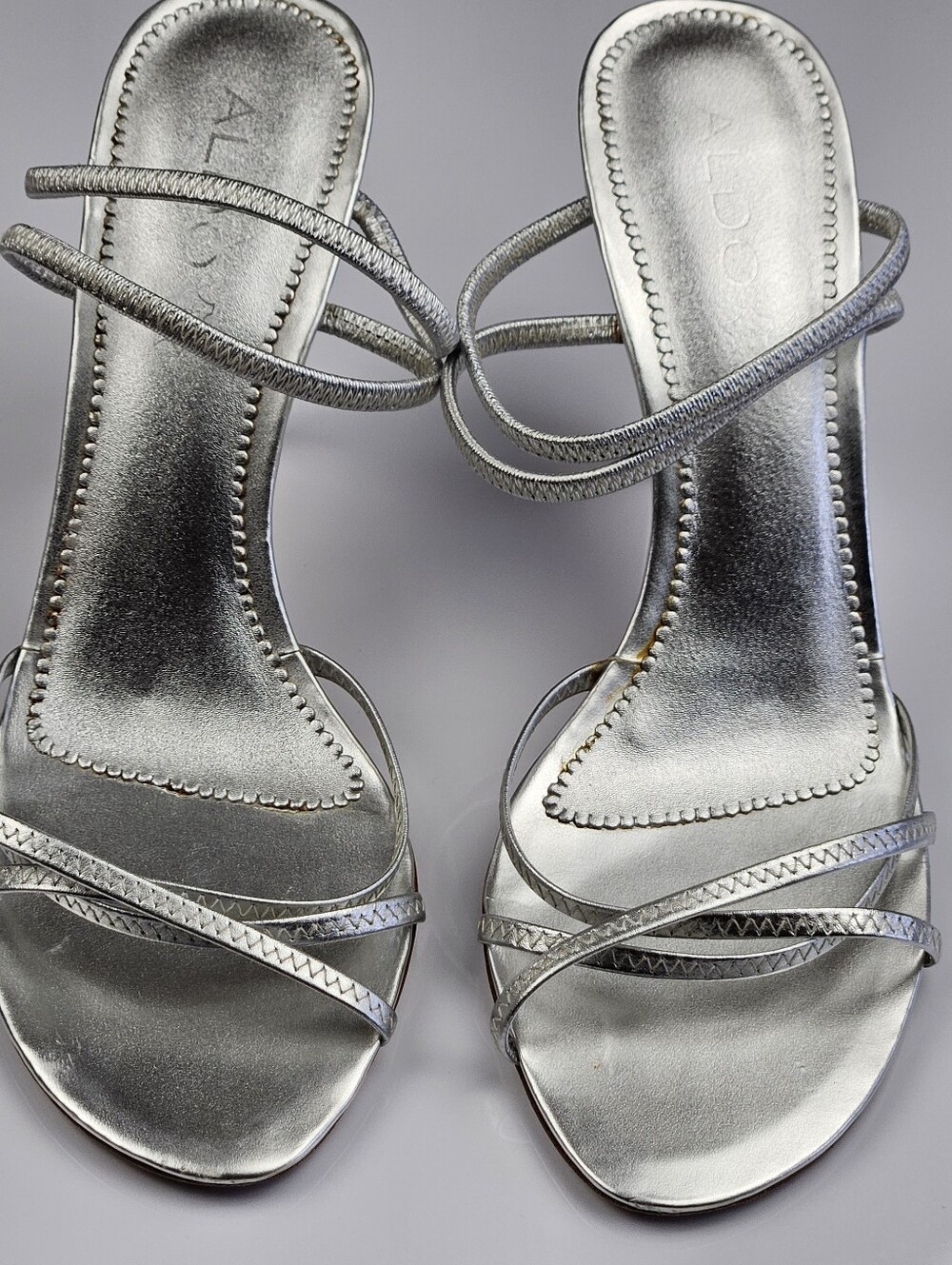 ALDO Strappy Silver Mule Heels Wedding Gala Bridal Garden Party Size 40